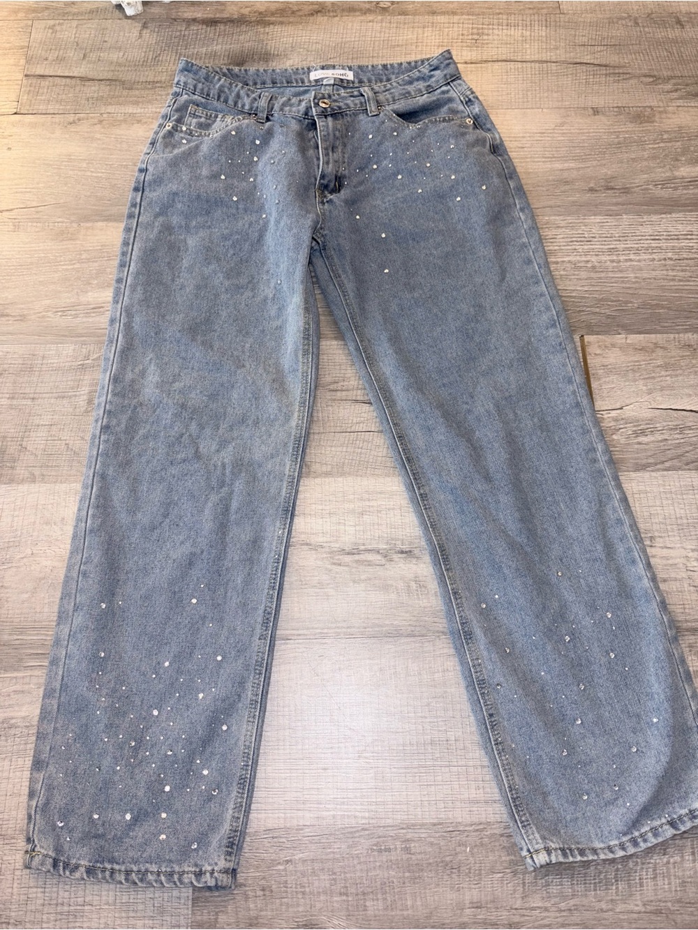 Love Soho Rhinestone Light Wash Relaxed Straight Leg Denim Jeans embellished